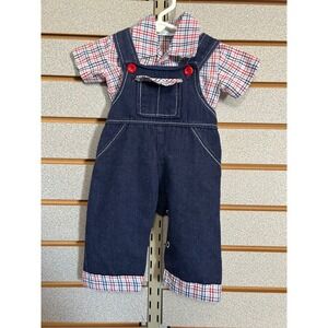 Vintage Cotton Candy Kids Denim Overalls and Plaid Shirt 2 Piece Set Blue Red